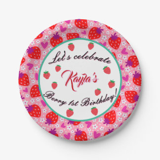 Assiettes En Carton Fraise rose Premier anniversaire