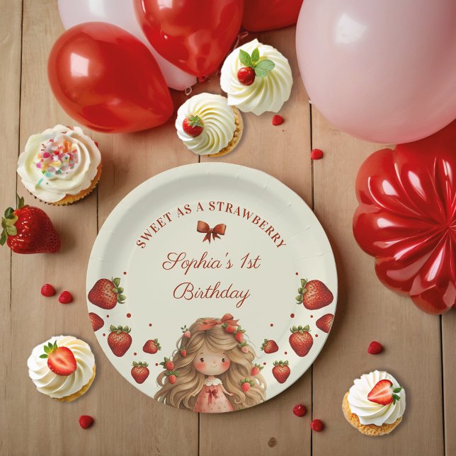 Assiettes En Carton Fraises Aquarelle douce fille 1er anniversaire (Créateur téléchargé)