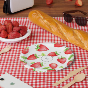 Assiettes En Carton Fraises d'aquarelle moderne été monogrammé