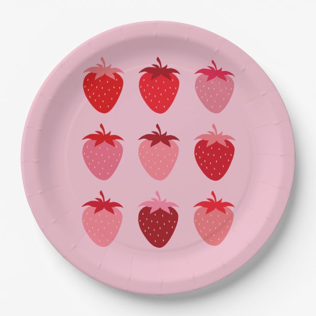 Assiettes En Carton Fraises Esthétiques Roses Et Rouges Préppines (Devant)