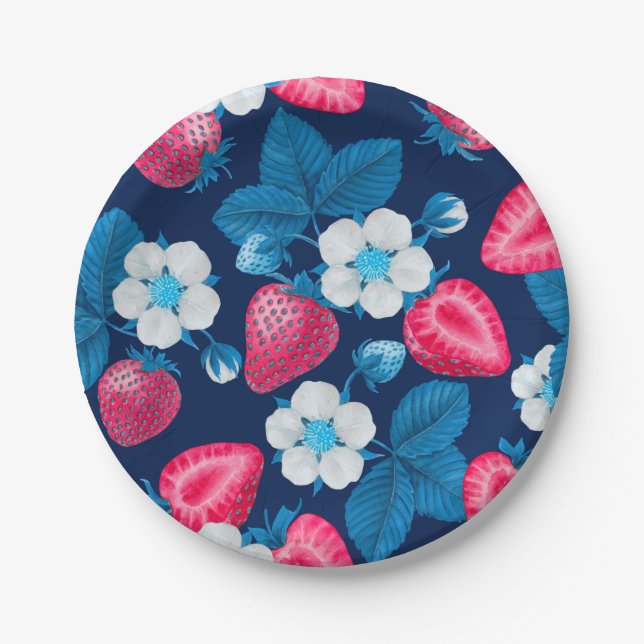 Assiettes En Carton Fraises roses sur bleu (Devant)