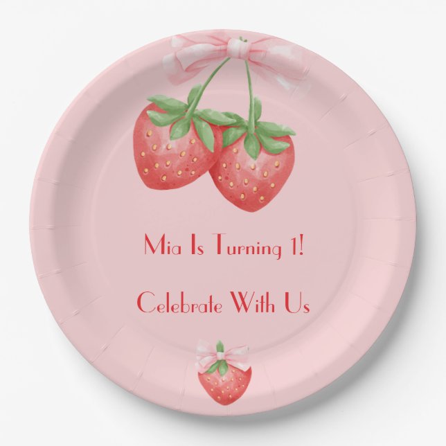 ASSIETTES EN CARTON FRAISES RUBAN ROSE ANNIVERSAIRE  (Devant)