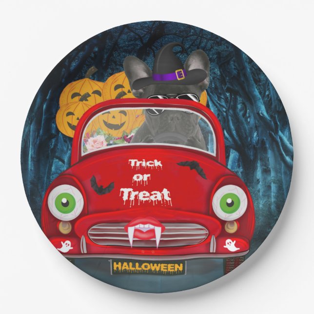 Assiettes En Carton Français Bulldog Driving Car Effrayant Halloween (Devant)