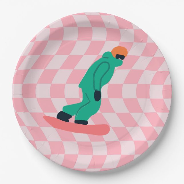 Assiettes En Carton Freeride Snowboarder Costume vert À damiers rose (Devant)