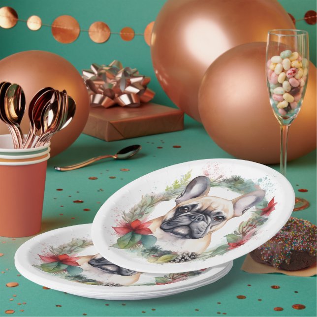 Assiettes En Carton French Bulldog Christmas Wreath Festive Pup (Multi)