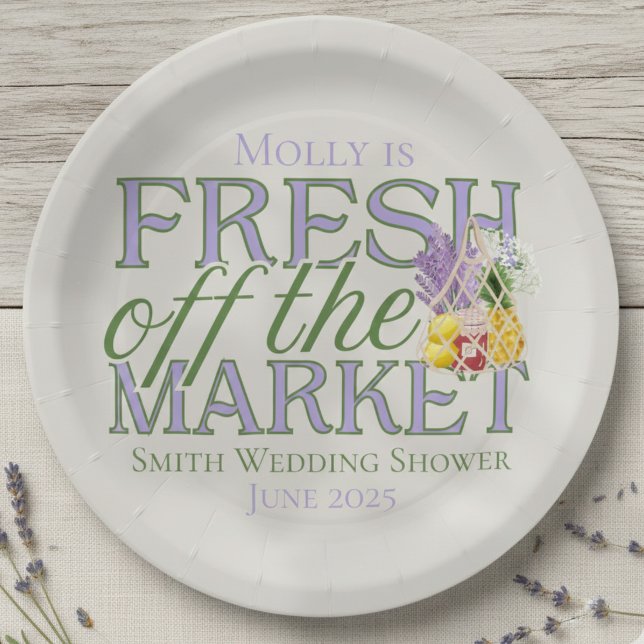 Assiettes En Carton Fresh Off Market - Personnalisé Moderne Maridal (Celebrate your newly-engaged status in style with this elegant “Fresh Off the Market” design!)