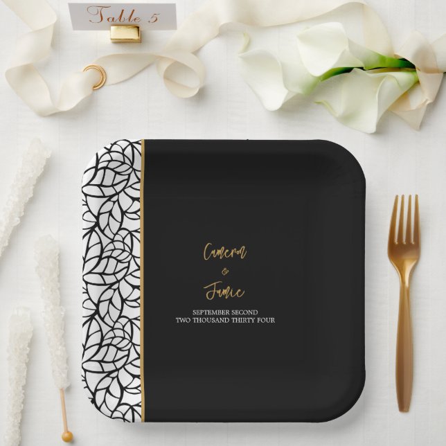 Assiettes En Carton Frontière Abstraite des Feuilles botaniques (Mariage)