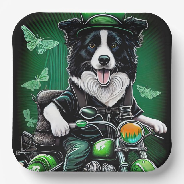Assiettes En Carton Frontière Collie Chien Conduite Vélo St. Patrick's (Recto)