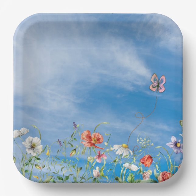 Assiettes En Carton Frontière fleur sauvage Sur Ciel Été (Recto)