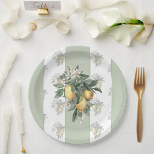 Assiettes En Carton Fruit au citron   Vert et blanc rayé