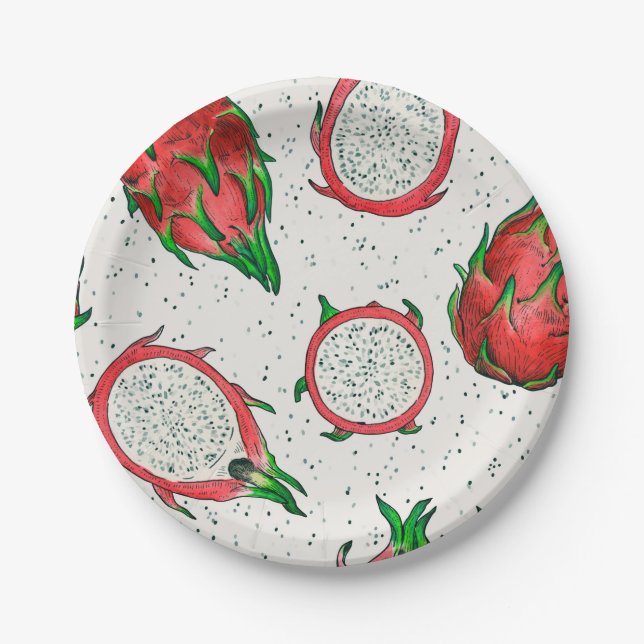 Assiettes En Carton Fruit de dragon rouge sur blanc (Devant)