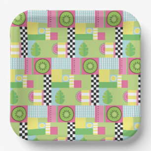 Assiettes En Carton Fruit d'été coloré rose vert vert mosaïque jaune