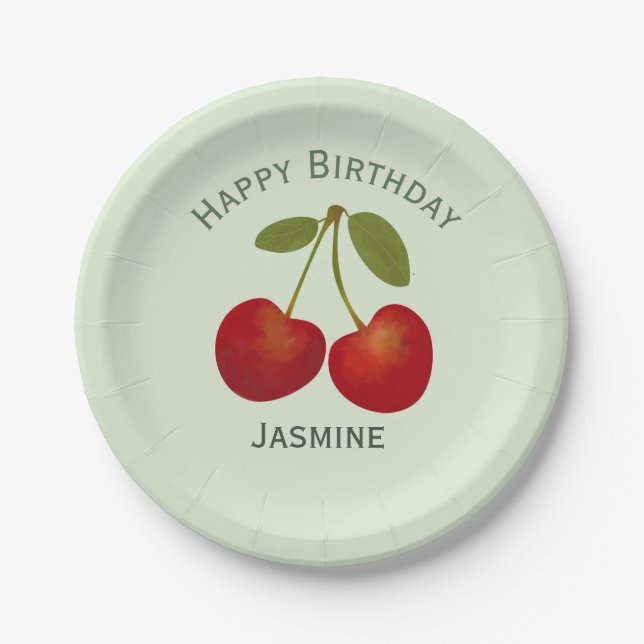 Assiettes En Carton Fruit rouge de cerises, joyeux anniversaire (Devant)