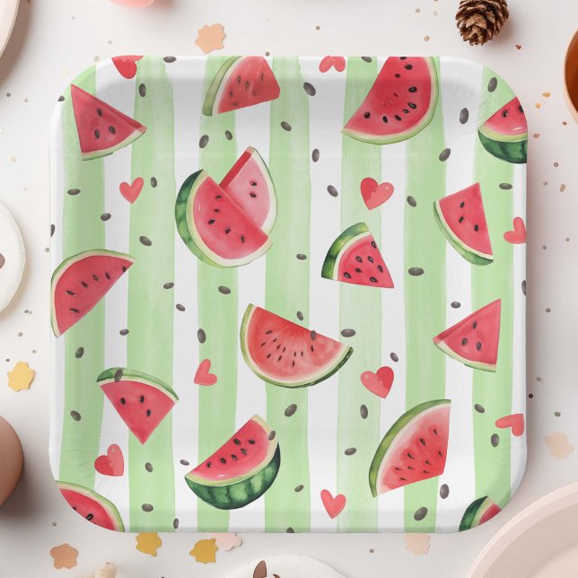 Assiettes En Carton Fruits de pastèque roux d'été à thème mignonne fil (Summer Birthday Red Watercolor Watermelon, Girl Party Paper Plates.)
