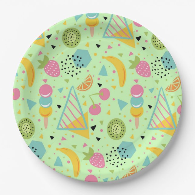 Assiettes En Carton Fruits d'été et formes géométriques (Devant)