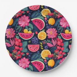Assiettes En Carton Fruits et fleurs tropicaux