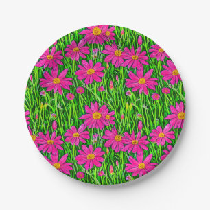 Assiettes En Carton Fuchsia Fleurs sauvages roses dans un champ