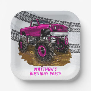 Assiettes En Carton Fuchsia Monster Truck Boy fête d'anniversaire