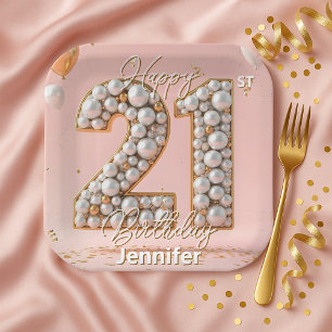 Assiettes En Carton Fuchsia rose et or nacré pour un 21e anniversaire
