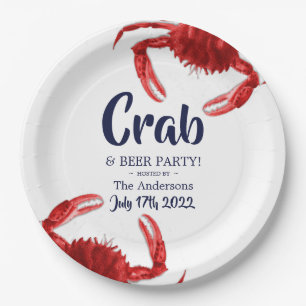 Assiettes En Carton Fun Crabe boule blanc fête d'été personnalisée