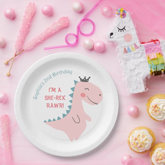 Assiettes En Carton Fun Girl rose Turquoise Dinosaur fête d'anniversai (Fête)