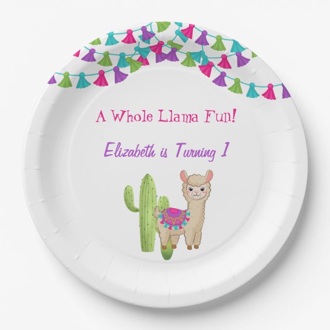 Assiettes En Carton Fun Llama entier rose violet Cactus enfant anniver (Devant)