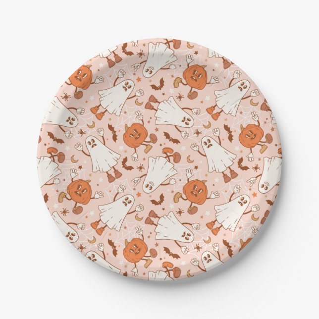 Assiettes En Carton Fun Retro Ghost & Jack-O-Lantern Motif (Devant)
