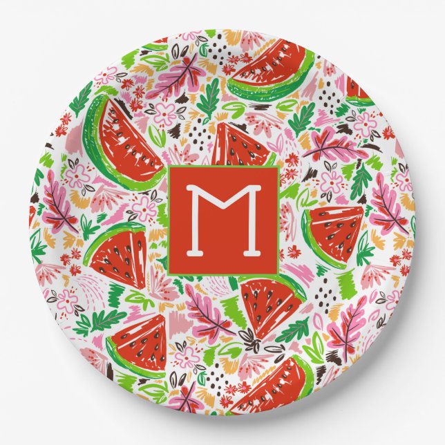 Assiettes En Carton Fun Watermelon et le modèle floral Monogramme (Devant)