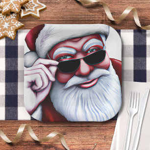 Assiettes En Carton Funky Cool Père Noël en lunettes de soleil Noël