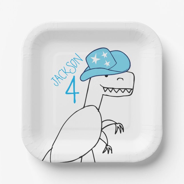 Assiettes En Carton Funny Cowboy Trex Dinosaur Anniversaire de enfant (Recto)