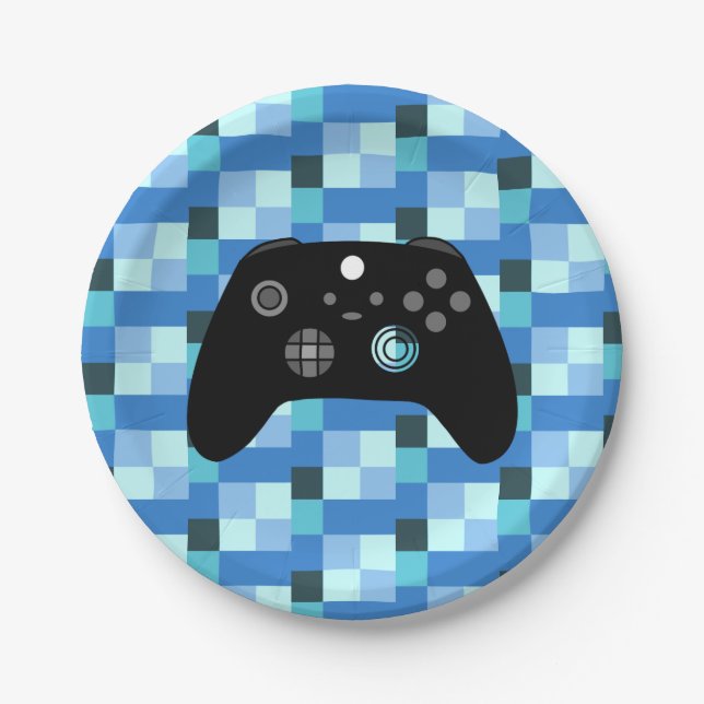 Assiettes En Carton Gamer Boy Blue Pixels Anniversaire (Devant)