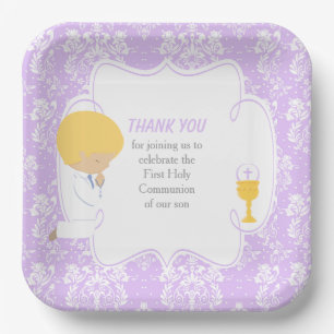 Assiettes En Carton Gamin blond Première Communion Damassé violet