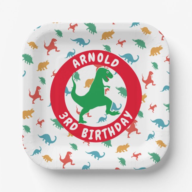 Assiettes En Carton Garçon 3e anniversaire Dinosaur Motif T-Rex (Recto)