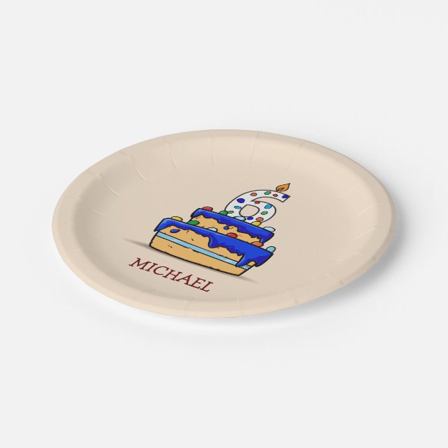 Assiettes En Carton Garçon 6e anniversaire, 6 sur Gâteau bleu doux (Angle)