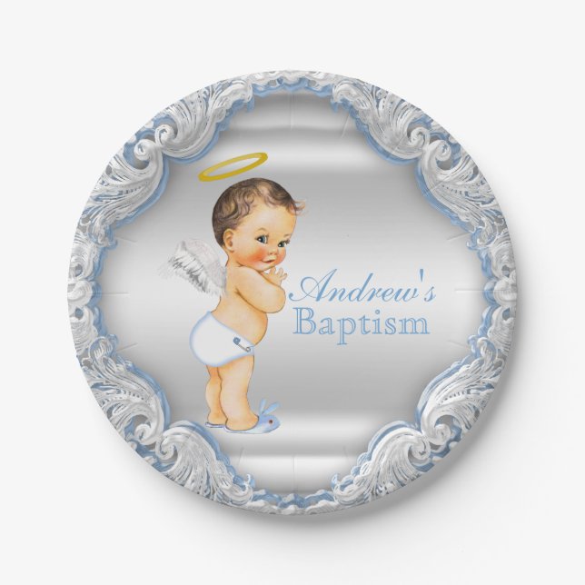 Assiettes En Carton Garçon Argent Bleu Angel Baptême (Devant)
