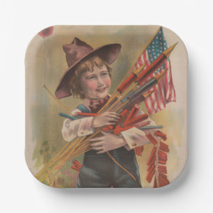 Assiettes En Carton Garçon avec Feux d'Artifice, Drapeau Américain, Im
