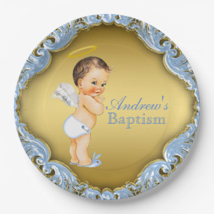 Assiettes En Carton Garçon Bleu Ange Doré Baptême Christening