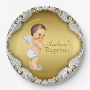 Assiettes En Carton Garçon Gold Angel Baptême Christening