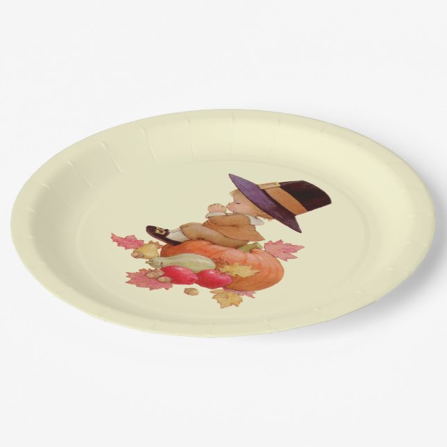 Assiettes En Carton Garçon pèlerin vintage priant sur Citrouille (Angle)
