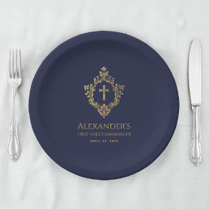 Assiettes En Carton Garçon Première Communion Marine Bleu Gold Crest É
