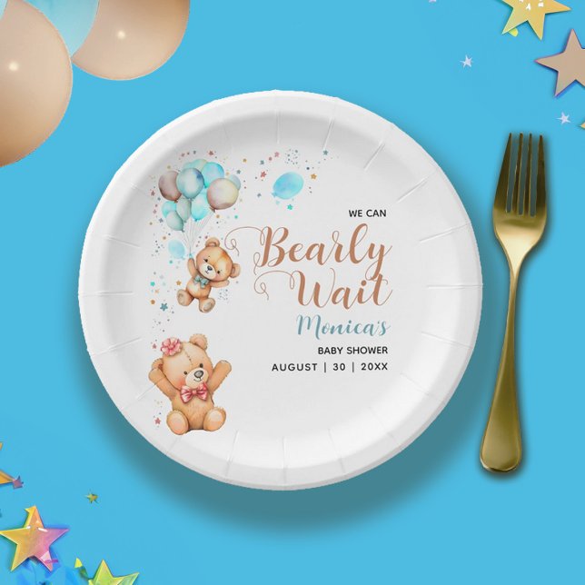 Assiettes En Carton Garçon Teddy Ours Nous Pouvons Attendre Baby showe (Boy Teddy Bear We Can Bearly Wait Baby Shower Paper Plates)
