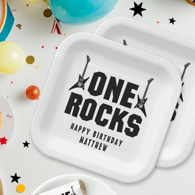 Assiettes En Carton Garçons 1er anniversaire Black and White One Rocks (Créateur téléchargé)