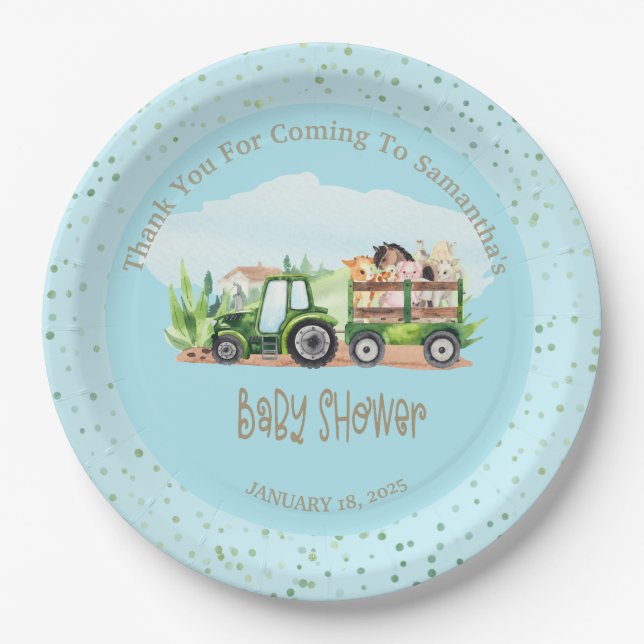 Assiettes En Carton Garçons Blue Green Farm Animaux Baby shower tracte (Devant)