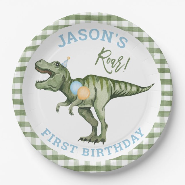 Assiettes En Carton Garçons Green Stomp Chomp Roar Dinosaur 1er annive (Devant)