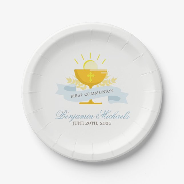 Assiettes En Carton Garçons première sainte communion personnalisée (Devant)