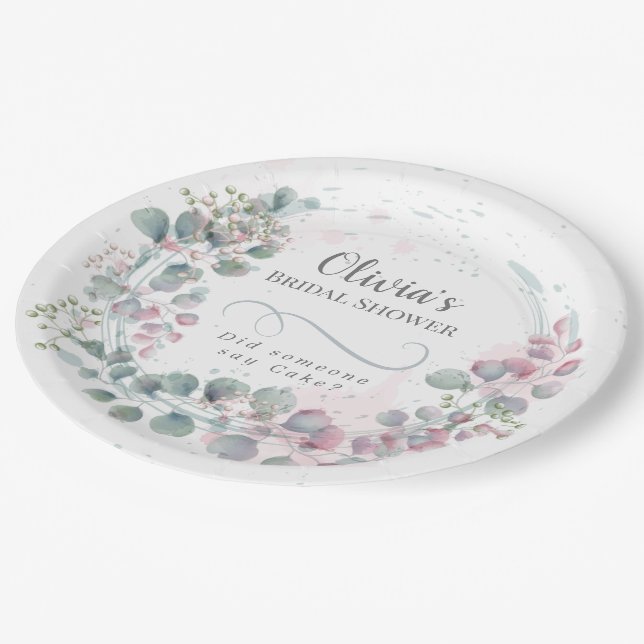Assiettes En Carton Garden Party rose et vert Eucalyptus (Angle)