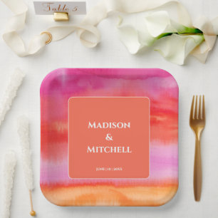 Assiettes En Carton Garden Sunrise Pink Orange Aquarelle Mariage