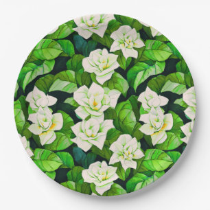 Assiettes En Carton Gardenias blanches et Feuilles verts de Jade