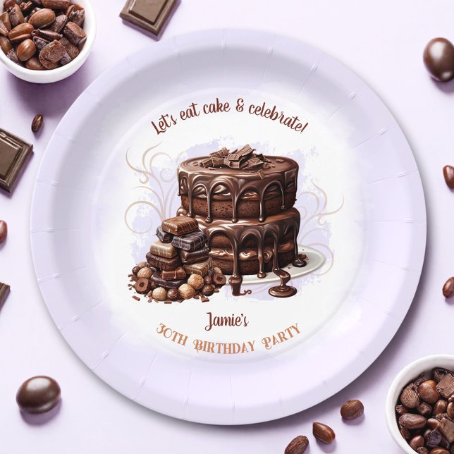 Assiettes En Carton Gâteau au chocolat Purple Brown 30e fête d'anniver (Chocolate Cake Purple Brown 30th Birthday Party Paper Plates)