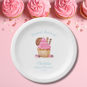 Assiettes En Carton Gâteau au chocolat rose aquarelle pour Baby Shower